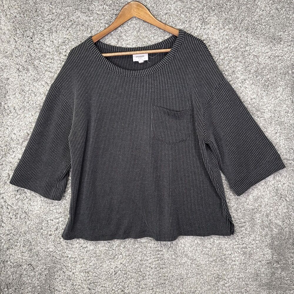 Andree By Unit Oversized Ribbed Boxy Blouse Top Medium Pocket Grey Black Stretch